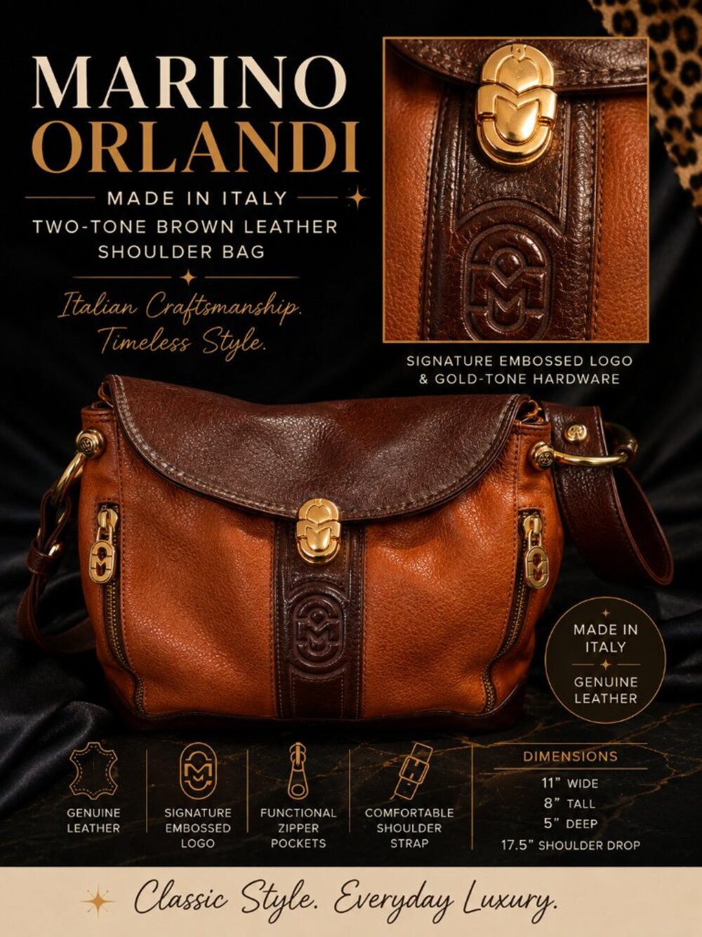 Marino Orlandi Two-Tone Genuine Leather Shoulder Bag – Made in Italy